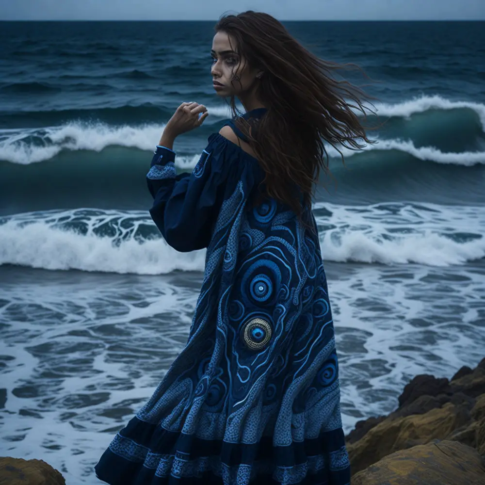 Girl at ocean with evil eye