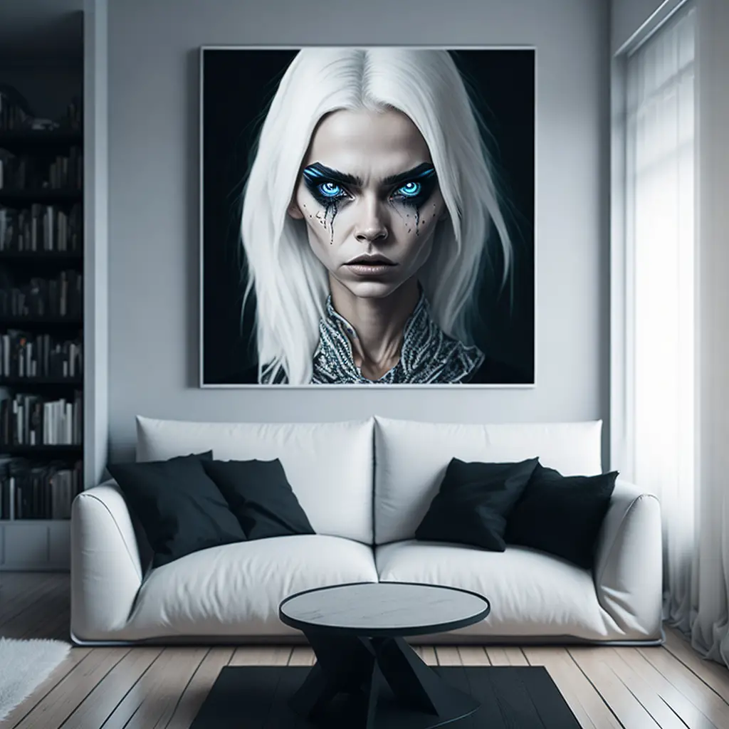 skinny white-haired girl wearing a Evil Eyes Art: in a modern style home Evil Eye Home Decor