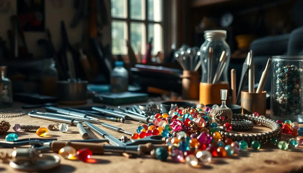 Image of a jewelry maker's workspace with various tools and crystal beads Image of a jewelry maker's workspace with various tools and crystal beads